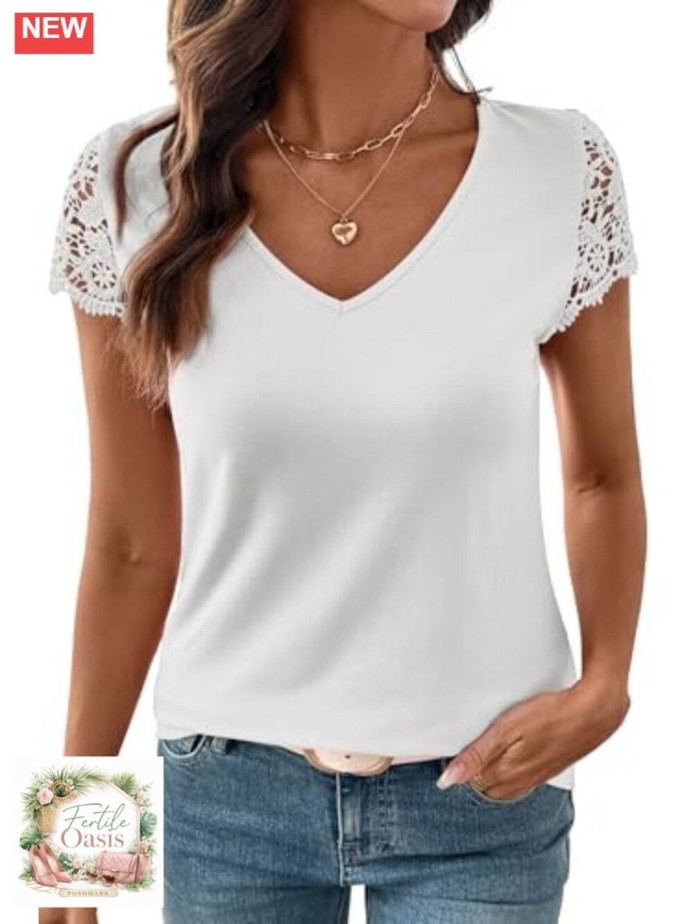 Women's Lace V-Neck Short Sleeve Tunic Top, Loose Casual Blouse (No Brand)